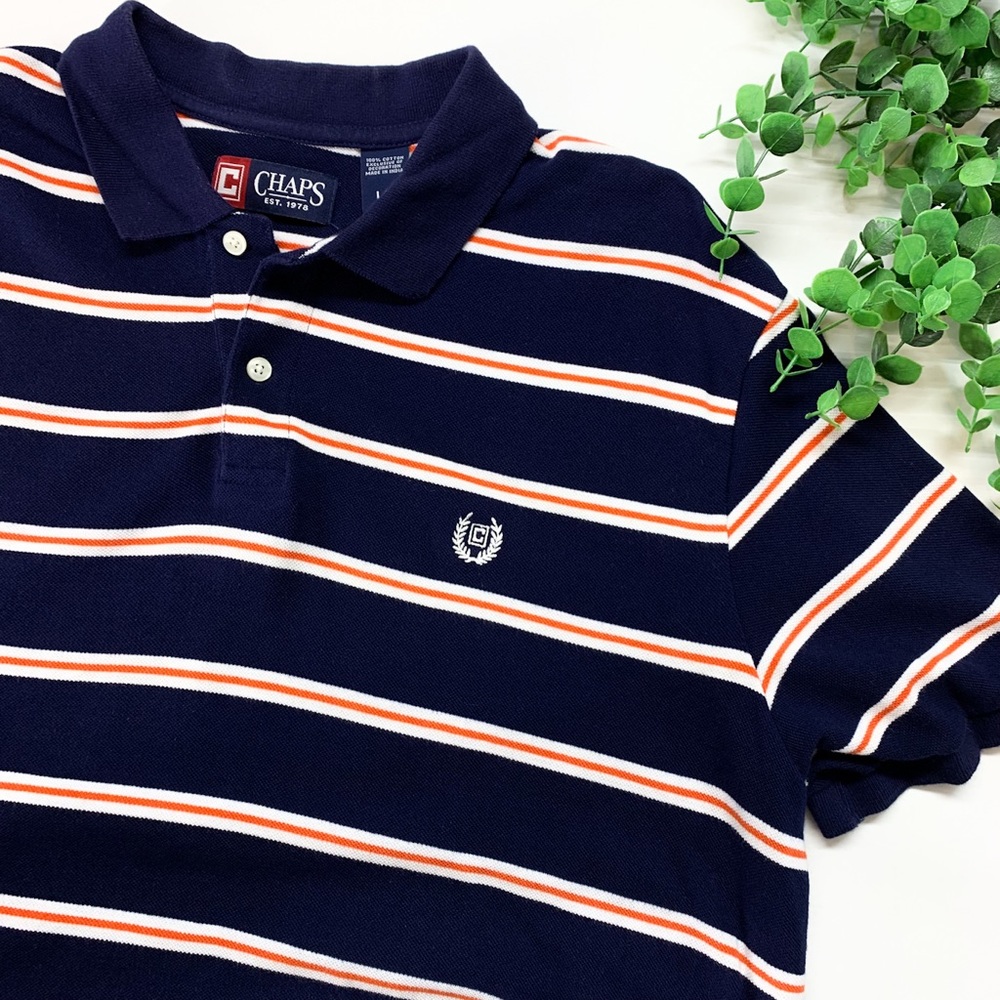 Chaps, Blue White Orange Stripes Polo, Embroidered Logo, 100% Cotton